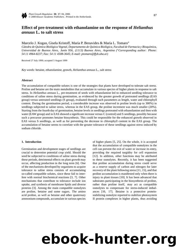 Effect of pre-treatment with ethanolamine on the response of Helianthus annuus L. to salt stress by Unknown