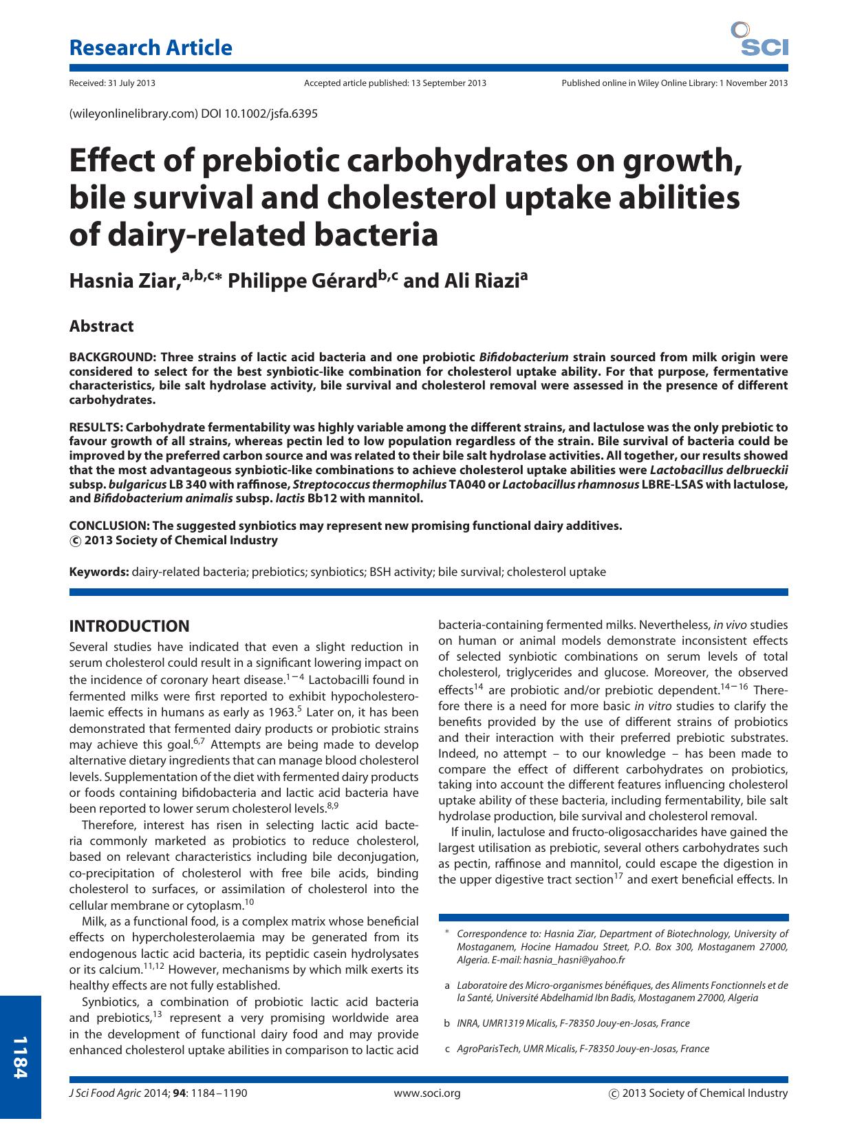 Effect of prebiotic carbohydrates on growth, bile survival and cholesterol uptake abilities of dairyrelated bacteria by Unknown