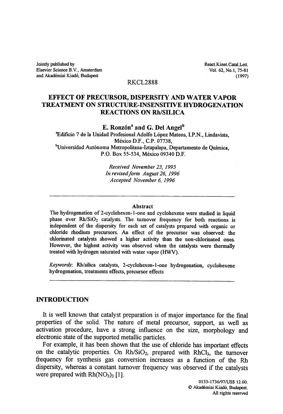 Effect of precursor, dispersity and water vapor treatment on structure-insensitive hydrogenation reactions on Rhsilica by Unknown