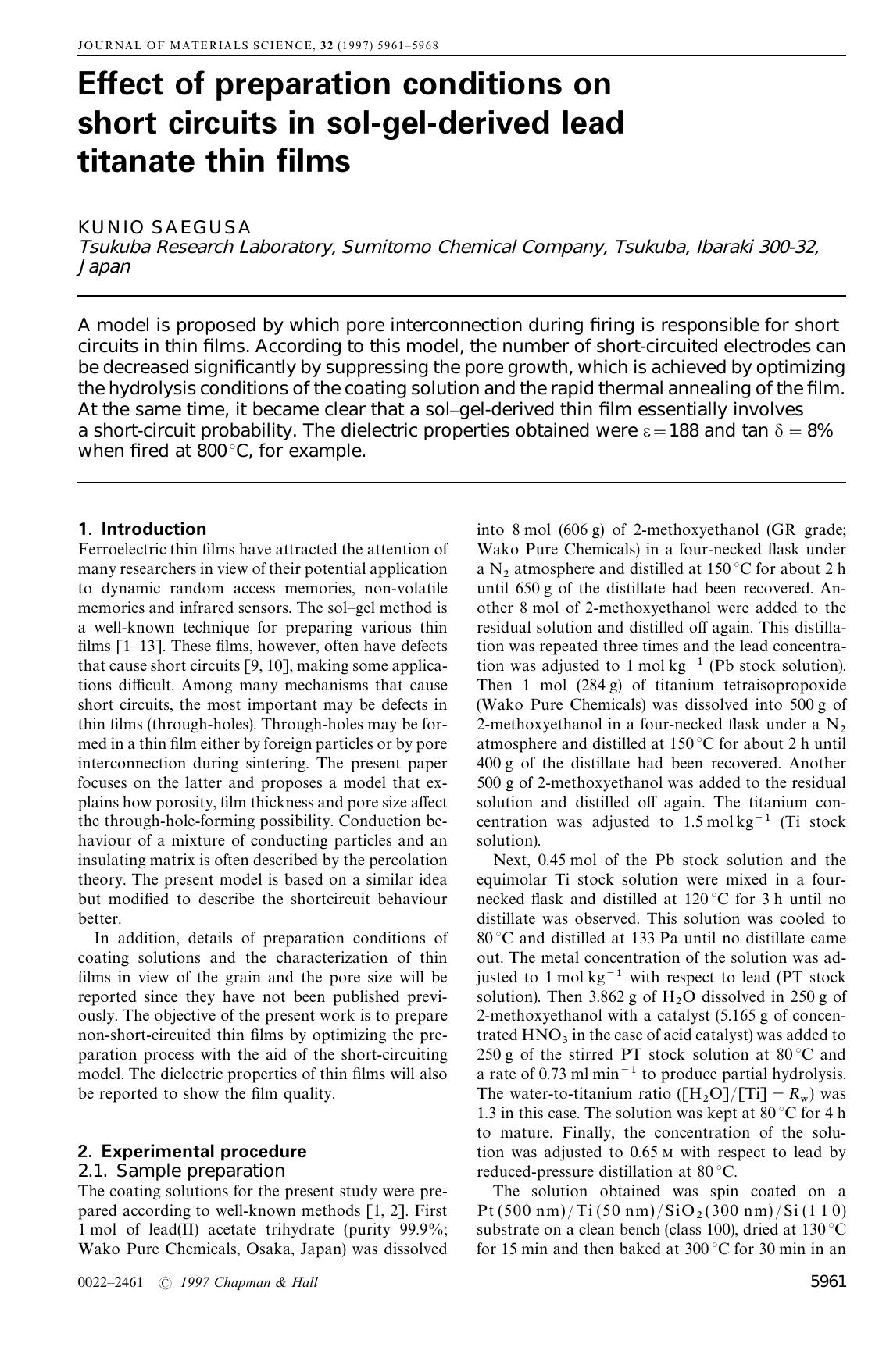 Effect of preparation conditions on short circuits in sol-gel-derived lead titanate thin films by Unknown