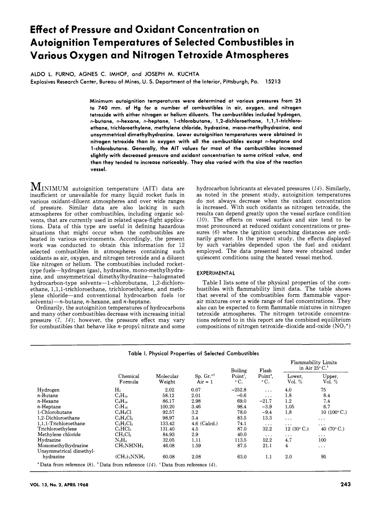 Effect of pressure and oxidant concentration on auto-ignition temperatures of selected combustibles in various oxygen and dinitrogen tetroxide atmospheres by Aldo L. Furno Agnes C. Imhof Joseph M. Kuchta
