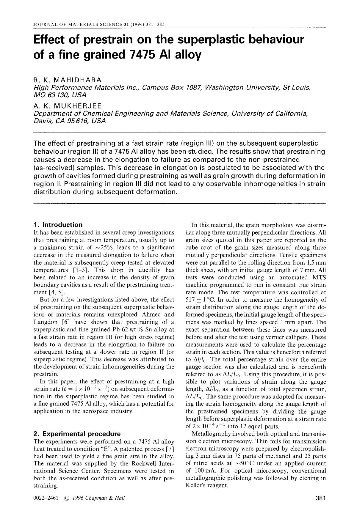 Effect of prestrain on the superplastic behaviour of a fine grained 7475 AI alloy by Unknown