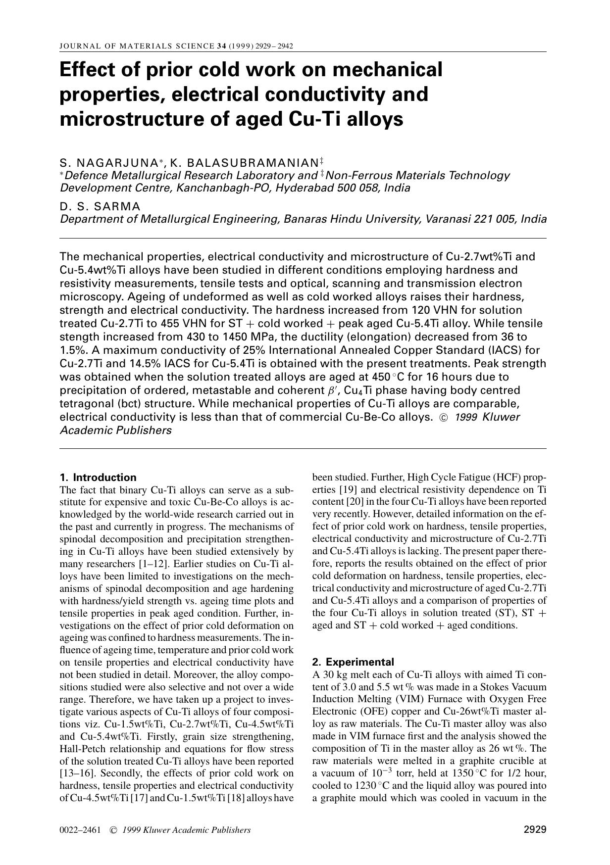 Effect of prior cold work on mechanical properties, electrical conductivity and microstructure of aged Cu-Ti alloys by Unknown