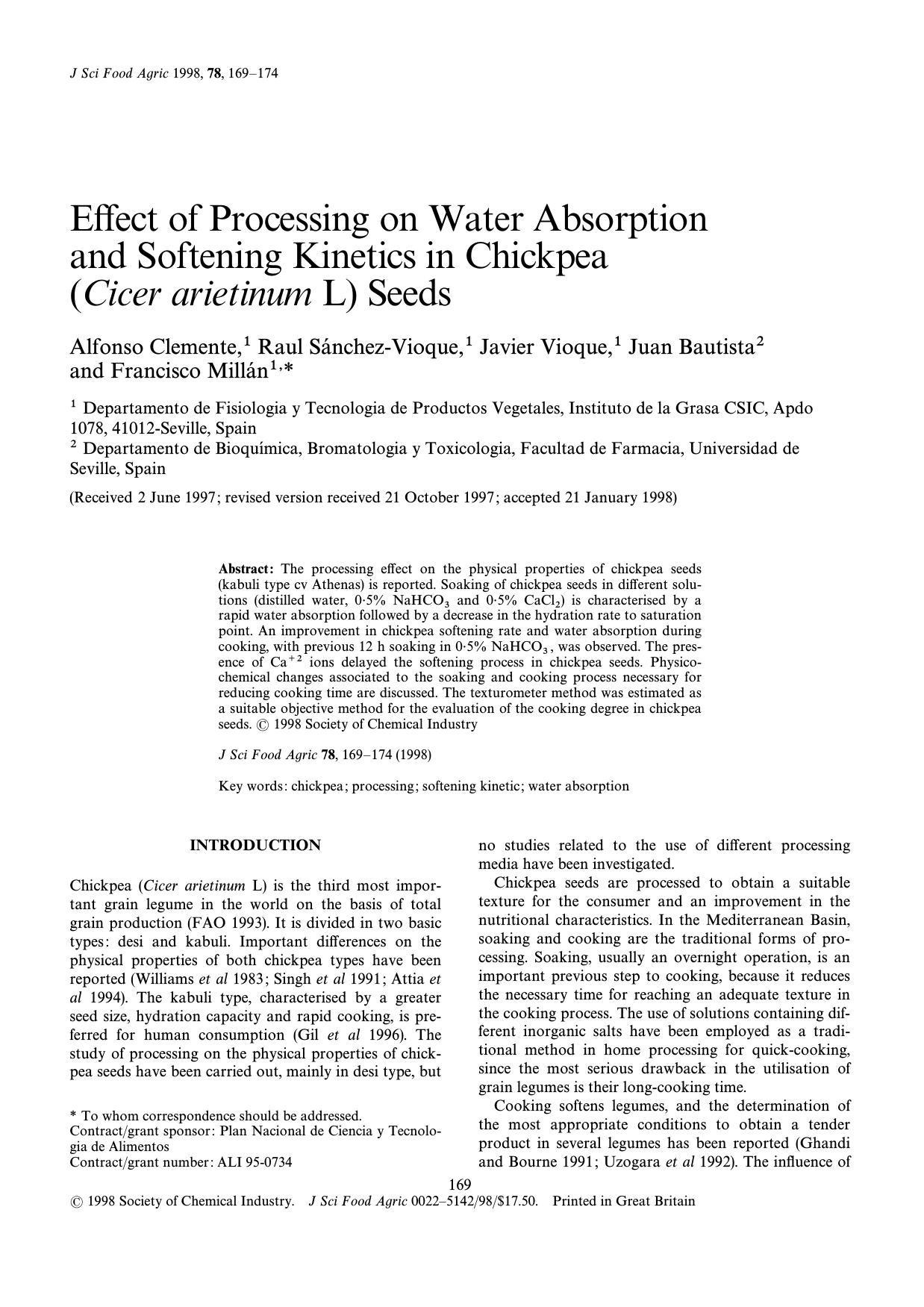 Effect of processing on water absorption and softening kinetics in chickpea (Cicer arietinumL) seeds by Clemente S & aacute;nchez-Vioque Vioque Bautista Mill & aacute;n