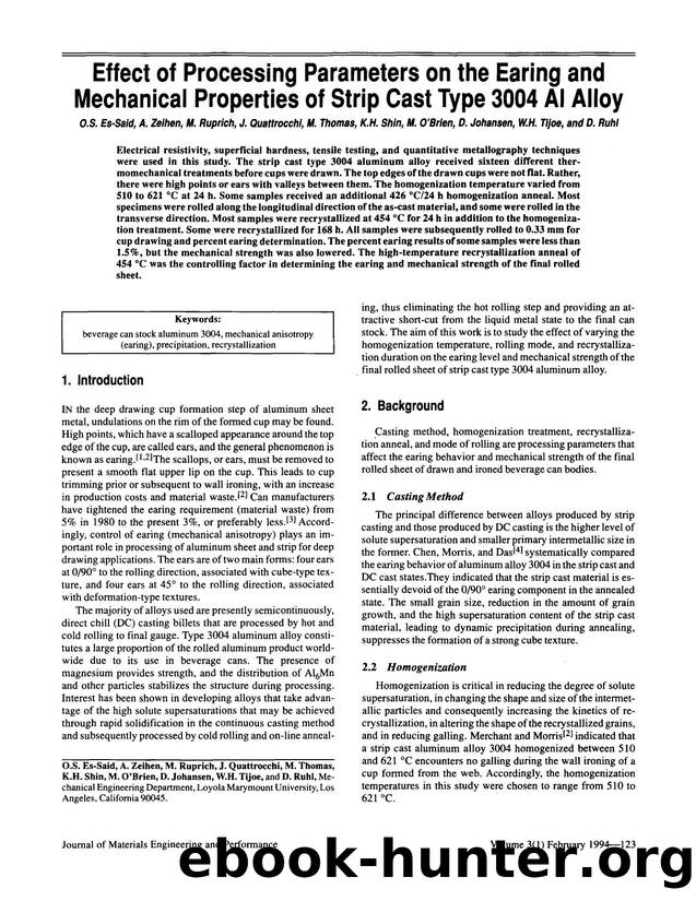 Effect of processing parameters on the earing and mechanical properties of strip cast type 3004 Al alloy by Unknown