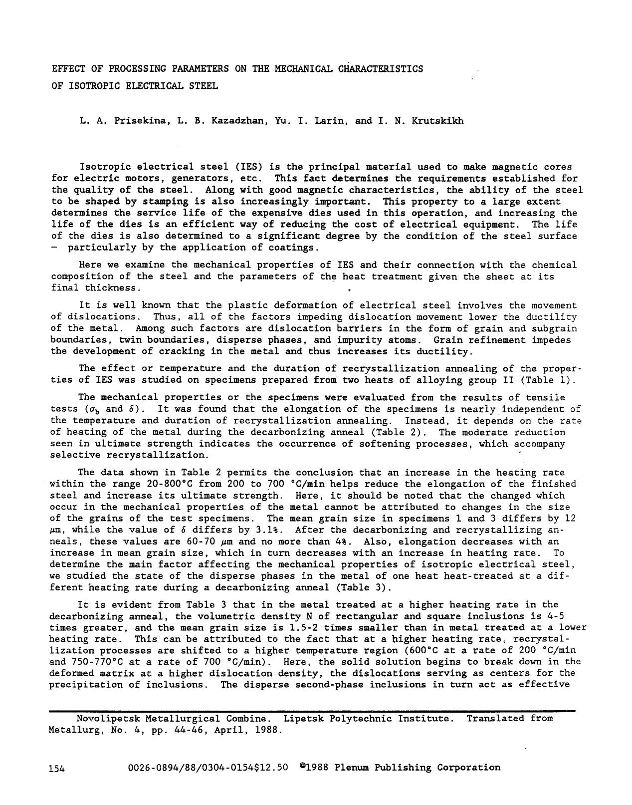 Effect of processing parameters on the mechanical characteristics of isotropic electrical steel by Unknown