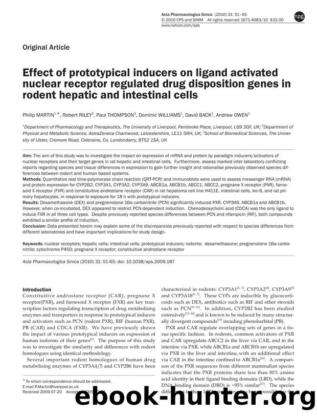 Effect of prototypical inducers on ligand activated nuclear receptor regulated drug disposition genes in rodent hepatic and intestinal cells by Philip Martin & Robert Riley & Paul Thompson & Dominic Williams & David Back & Andrew Owen