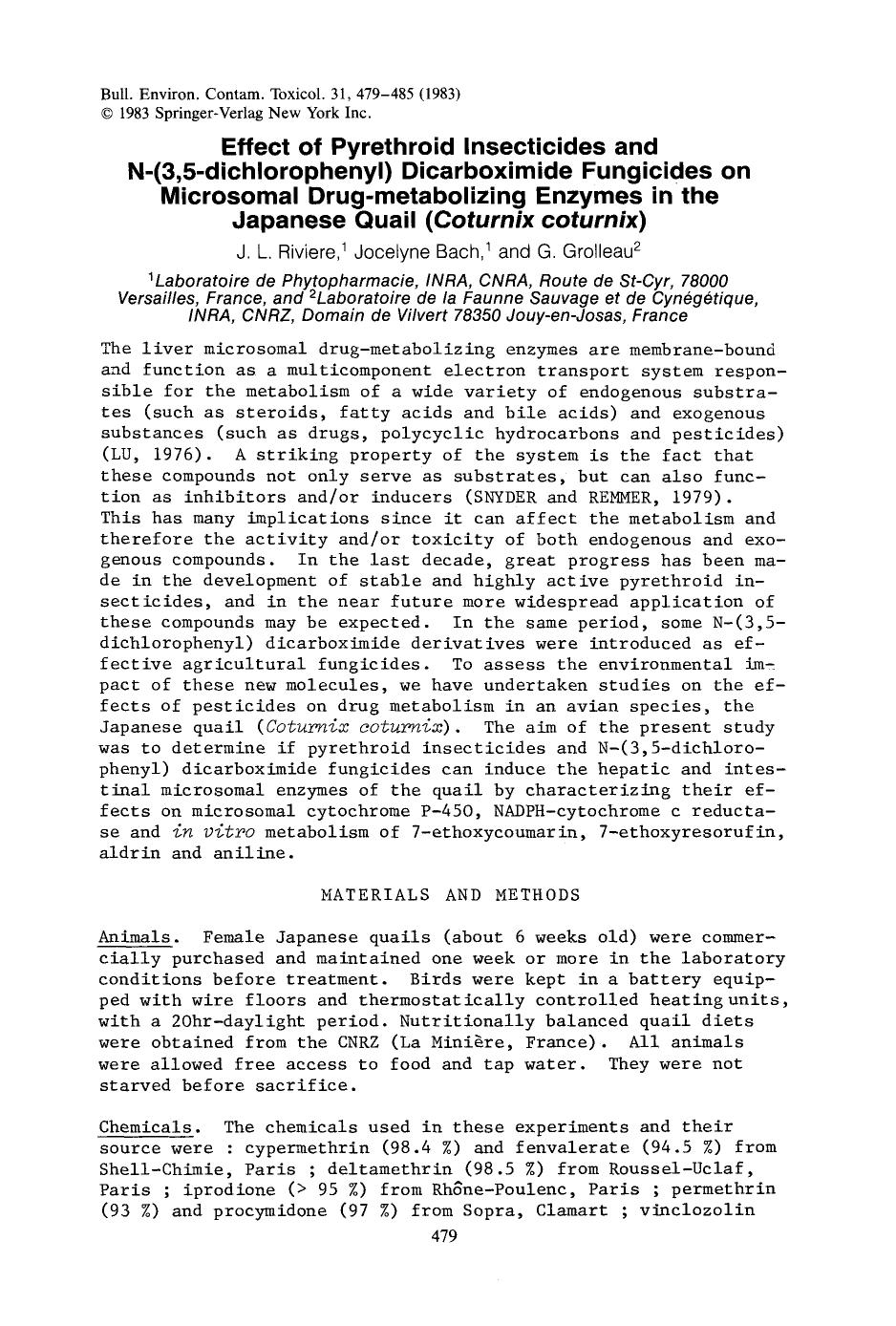 Effect of pyrethroid insecticides and N-(3,5-dichlorophenyl) dicarboximide fungicides on microsomal drug-metabolizing enzymes in the Japanese quail ( <Emphasis Type="Italic">Coturn by Unknown