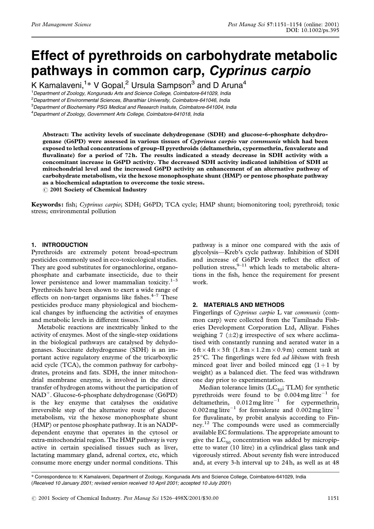 Effect of pyrethroids on carbohydrate metabolic pathways in common carp, Cyprinus carpio by Unknown