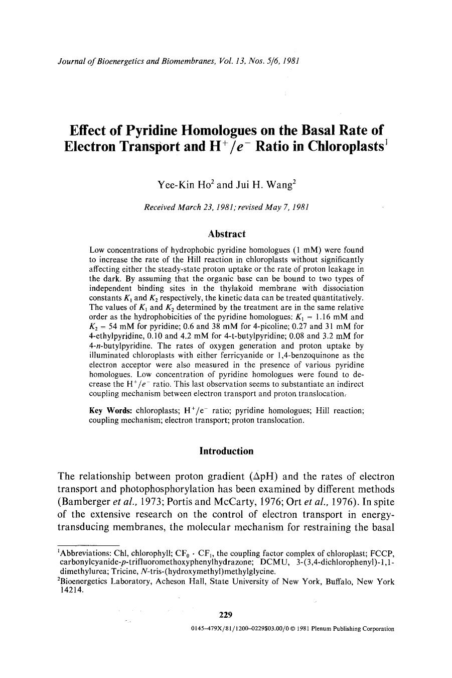 Effect of pyridine homologues on the basal rate of electron transport and H <Superscript>&#x002B; <Superscript> <Emphasis Type="Italic">e <Emphasis> <Superscript>&#x2212; <Superscr by Unknown