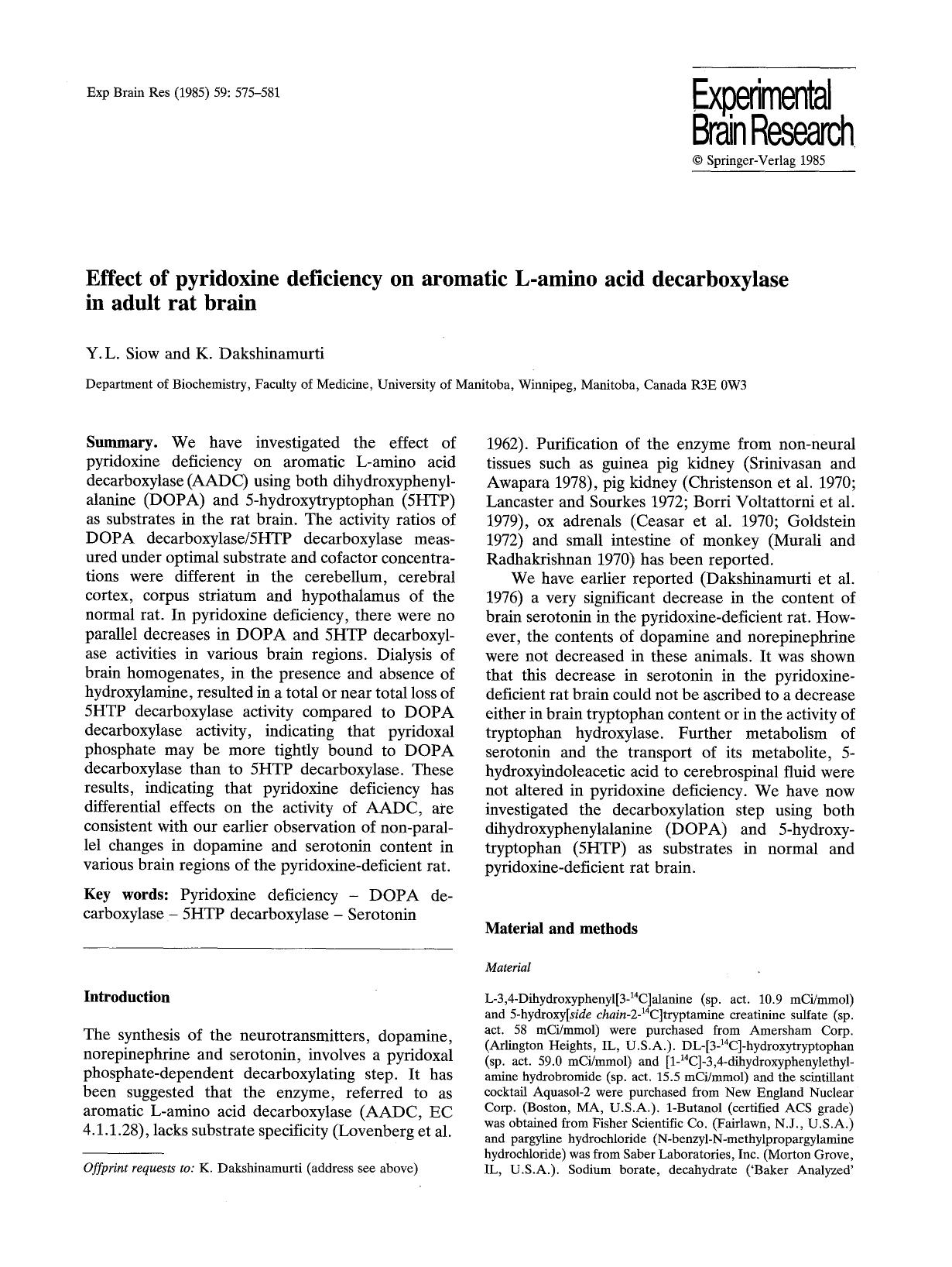 Effect of pyridoxine deficiency on aromatic L-amino acid decarboxylase in adult rat brain by Unknown