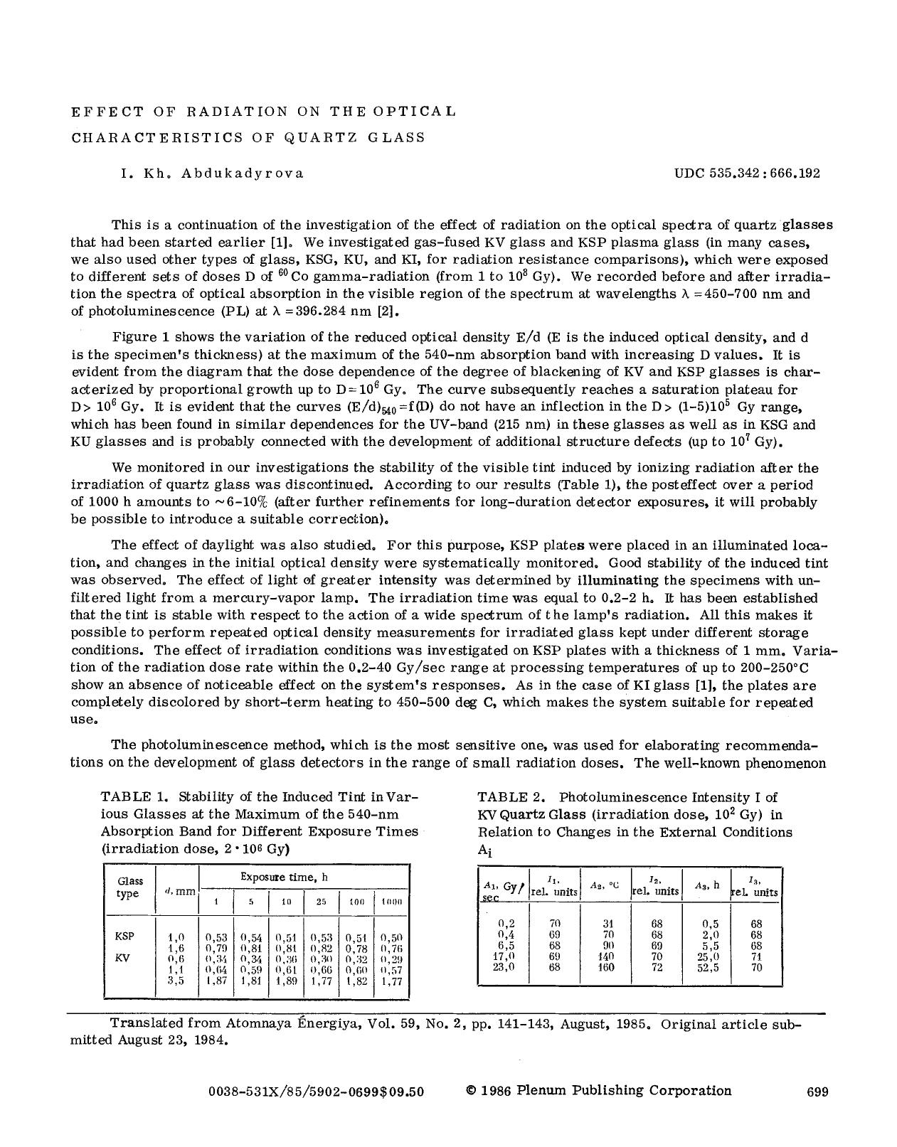Effect of radiation of the optical characteristics of quarts glass by Unknown