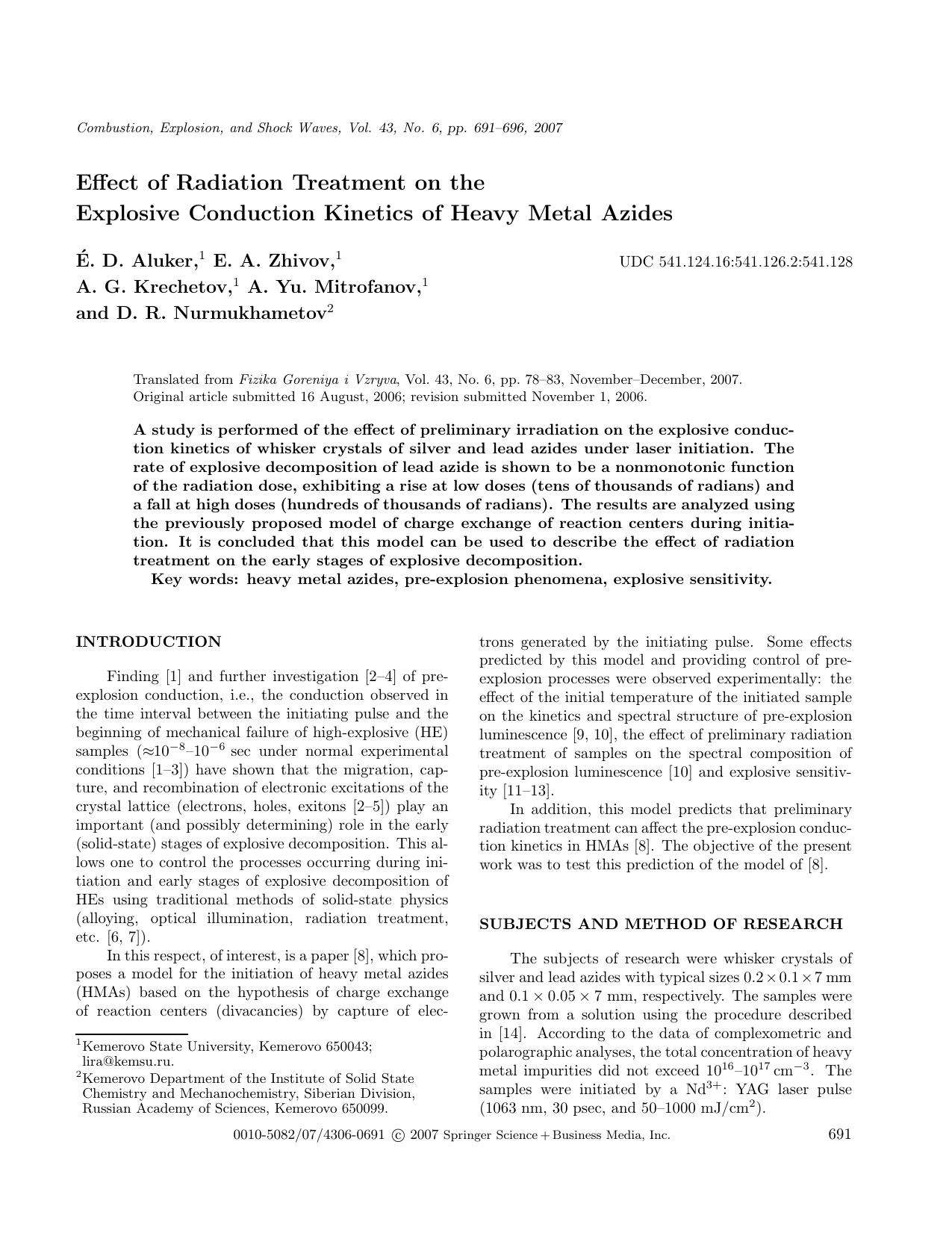 Effect of radiation treatment on the explosive conduction kinetics of heavy metal azides by Unknown