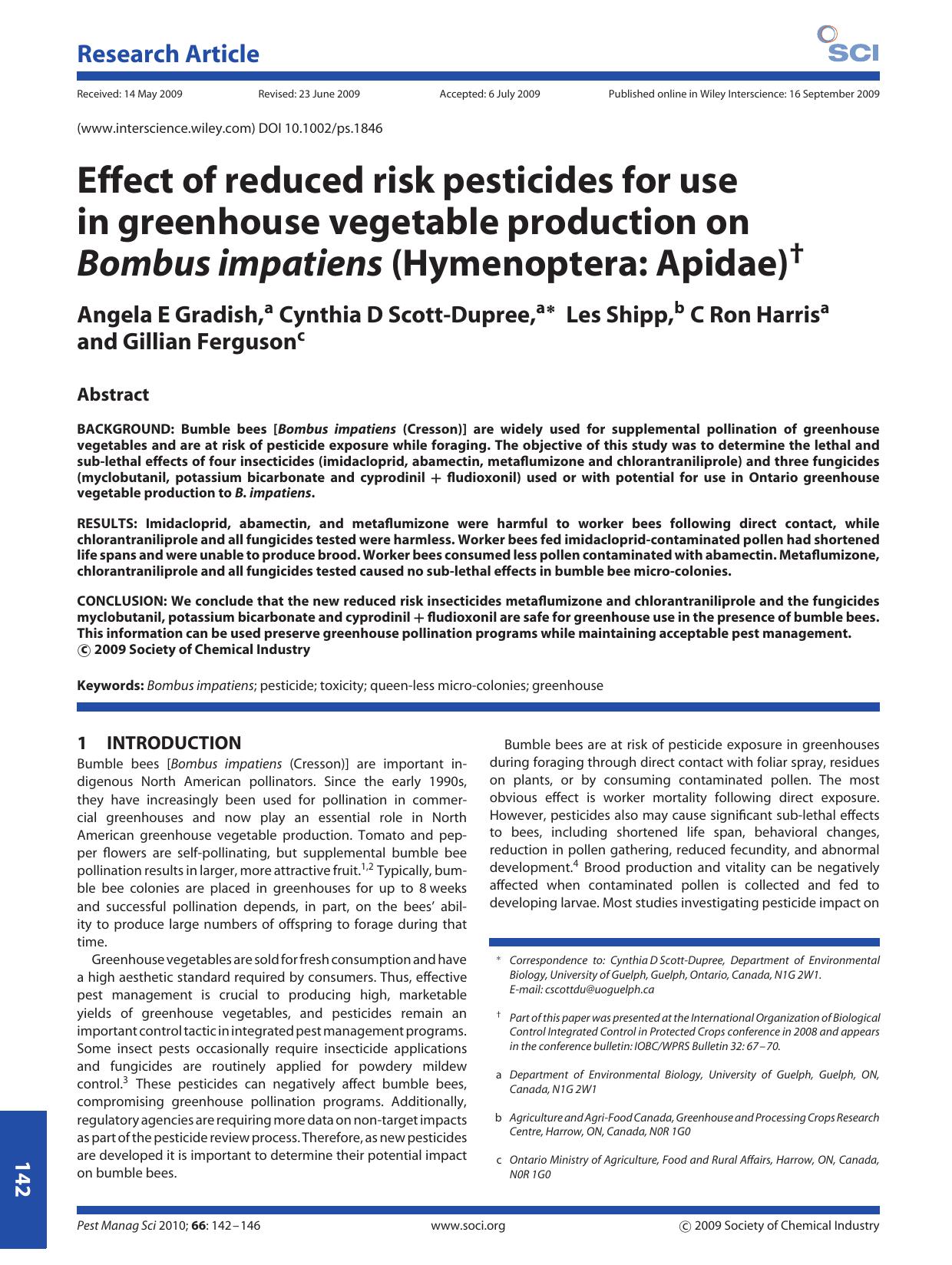 Effect of reduced risk pesticides for use in greenhouse vegetable production on Bombus impatiens (Hymenoptera: Apidae) by Unknown