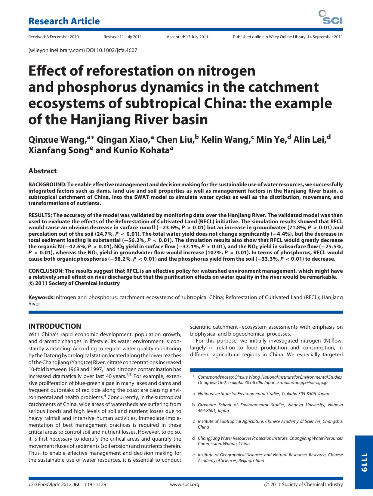 Effect of reforestation on nitrogen and phosphorus dynamics in the catchment ecosystems of subtropical China: the example of the Hanjiang River basin by Unknown