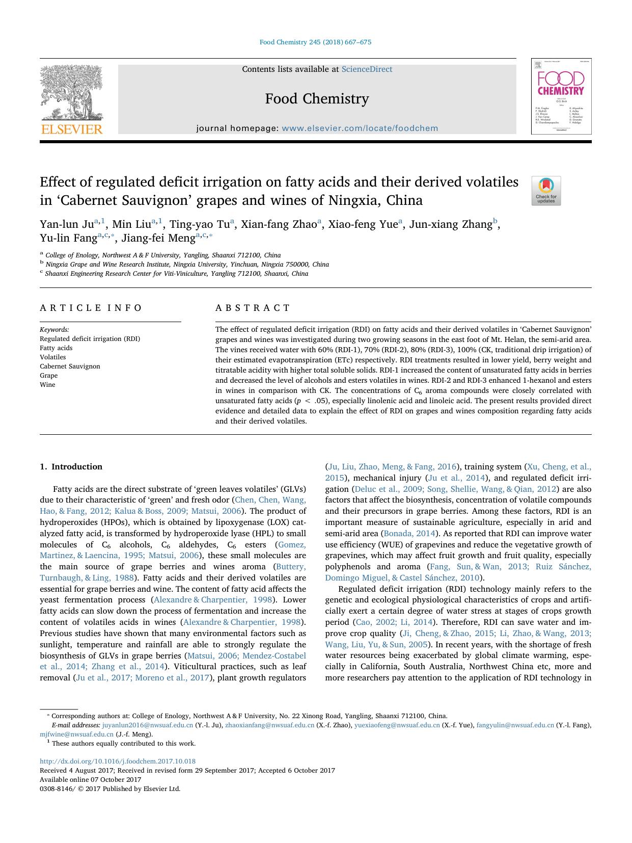 Effect of regulated deficit irrigation on fatty acids and their derived volatiles in âCabernet Sauvignonâ grapes and wines of Ningxia, China by Yan-lun Ju