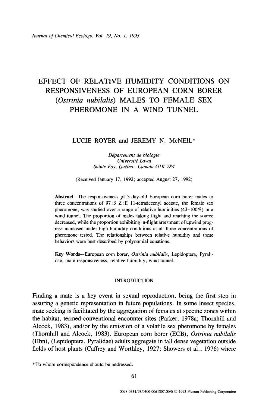 Effect of relative humidity conditions on responsiveness of European corn borer ( <Emphasis Type="Italic">Ostrinia nubilalis <Emphasis>) males to female sex pheromone in a wind tunnel by Unknown
