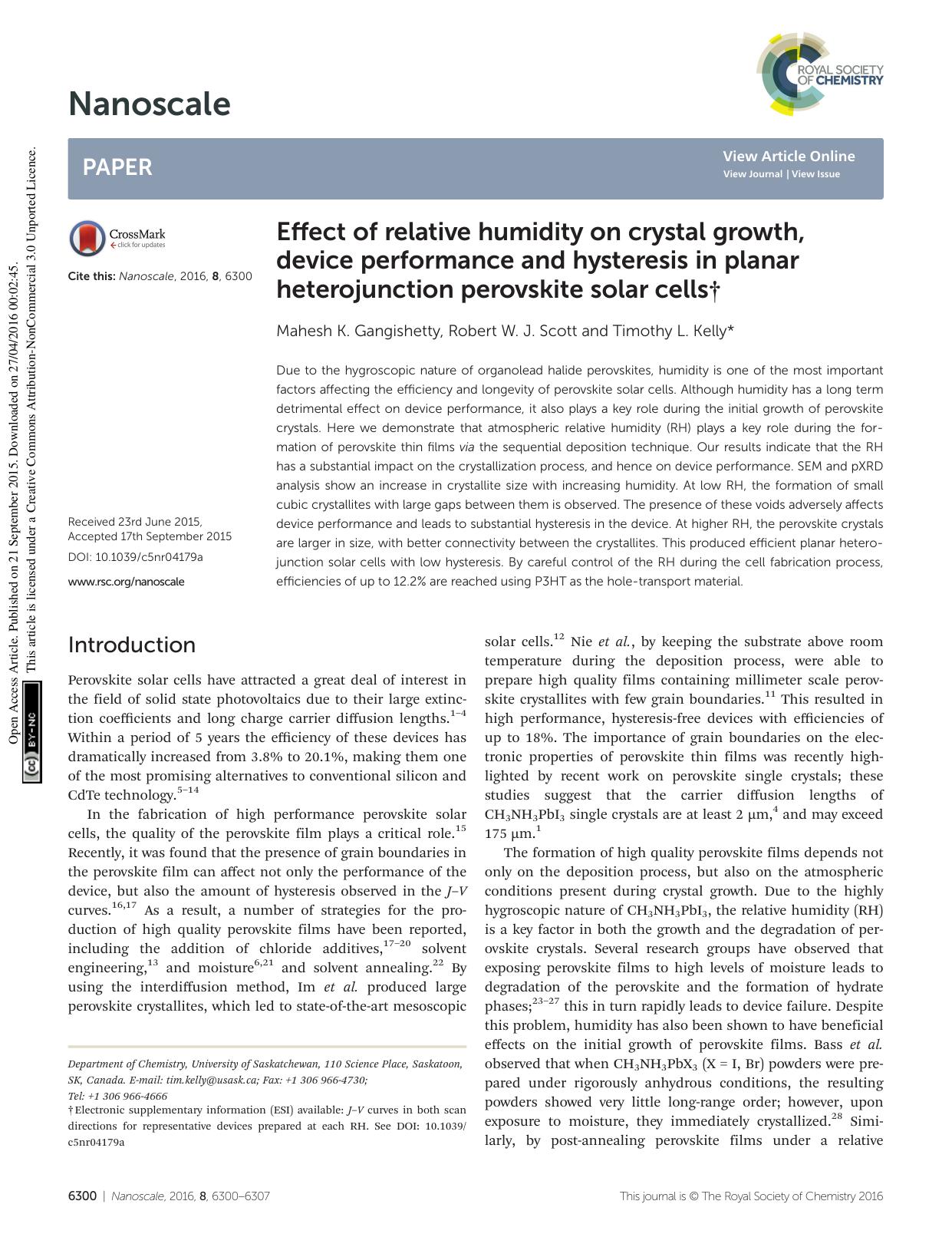 Effect of relative humidity on crystal growth, device performance and hysteresis in planar heterojunction perovskite solar cells by Mahesh K. Gangishetty Robert W. J. Scott Timothy L. Kelly