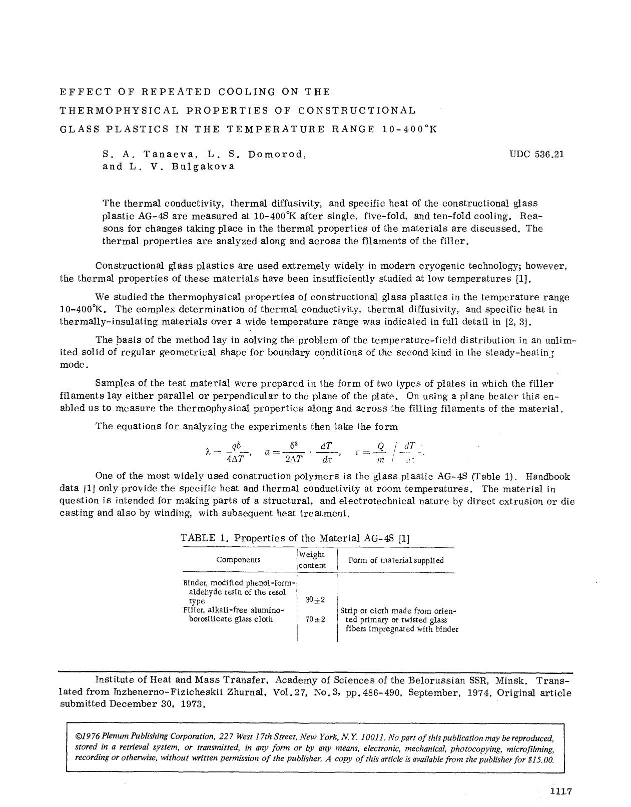 Effect of repeated cooling on the thermophysical properties of constructional glass plastics in the temperature range 10–400°K by Unknown