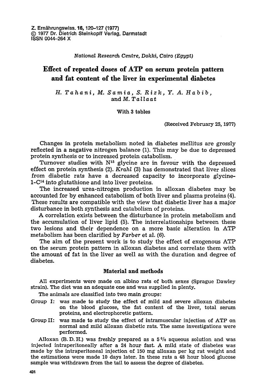 Effect of repeated doses of ATP on serum protein pattern and fat content of the liver in experimental diabetes by Unknown