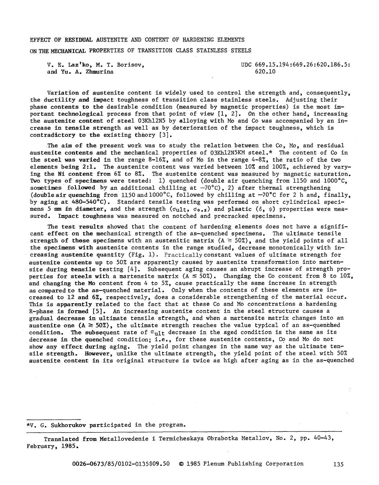 Effect of residual austenite and content of hardening elements on the mechanical properties of transition class stainless steels by Unknown