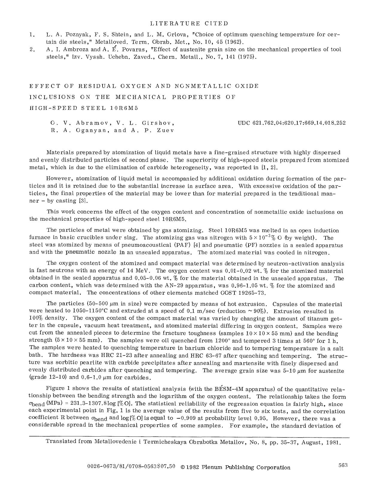 Effect of residual oxygen and nonmetallic oxide inclusions on the mechanical properties of high-speed steel 10R6M5 by Unknown