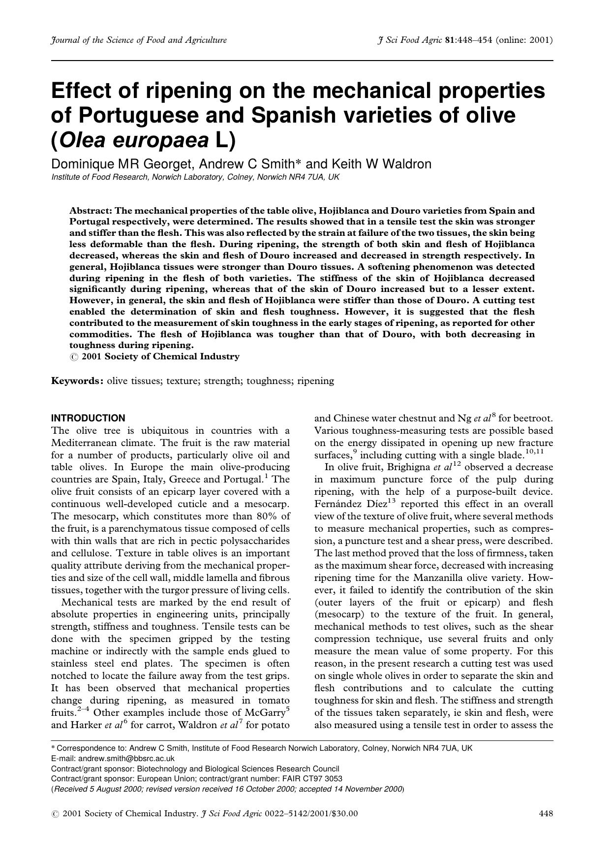 Effect of ripening on the mechanical properties of Portuguese and Spanish varieties of olive (Olea europaea L) by Unknown