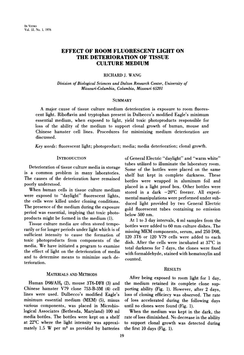 Effect of room fluorescent light on the deterioration of tissue culture medium by Unknown