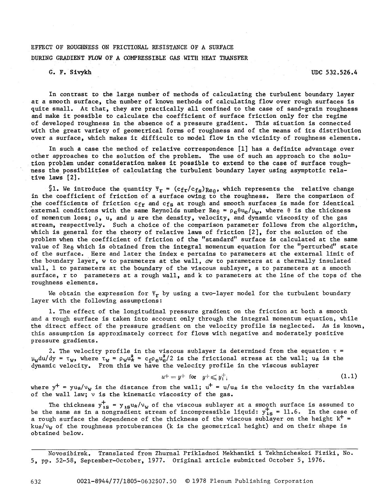 Effect of roughness on frictional resistance of a surface during gradient flow of a compressible gas with heat transfer by Unknown
