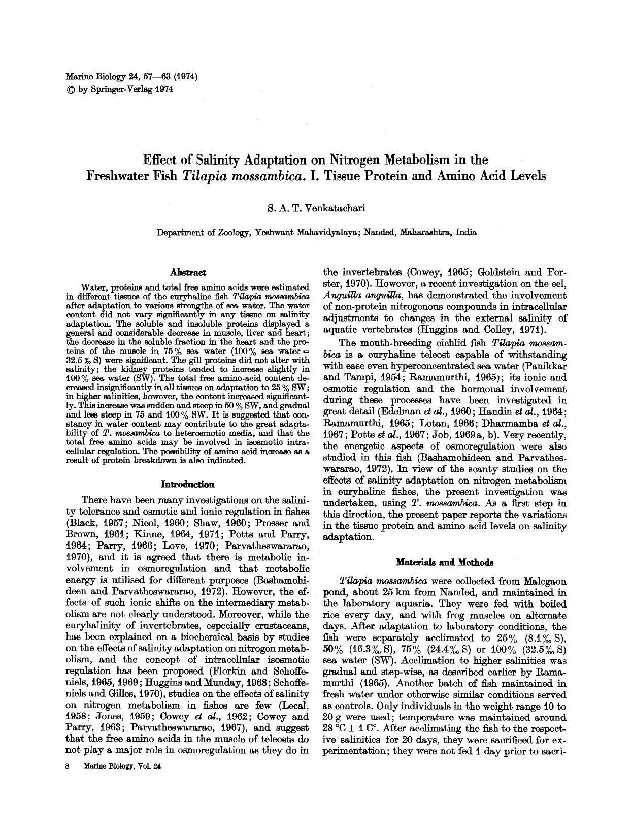 Effect of salinity adaptation on nitrogen metabolism in the freshwater fish <Emphasis Type="Italic">Tilapia mossambica<Emphasis>. I. Tissue protein and amino acid levels by Unknown