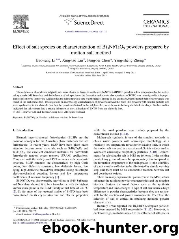 Effect of salt species on characterization of Bi3NbTiO9 powders prepared by molten salt method by Bao-rang Li