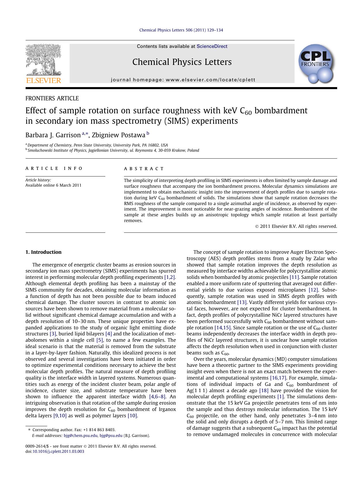 Effect of sample rotation on surface roughness with keV C60 bombardment in secondary ion mass spectrometry (SIMS) experiments by Barbara J. Garrison & Zbigniew Postawa