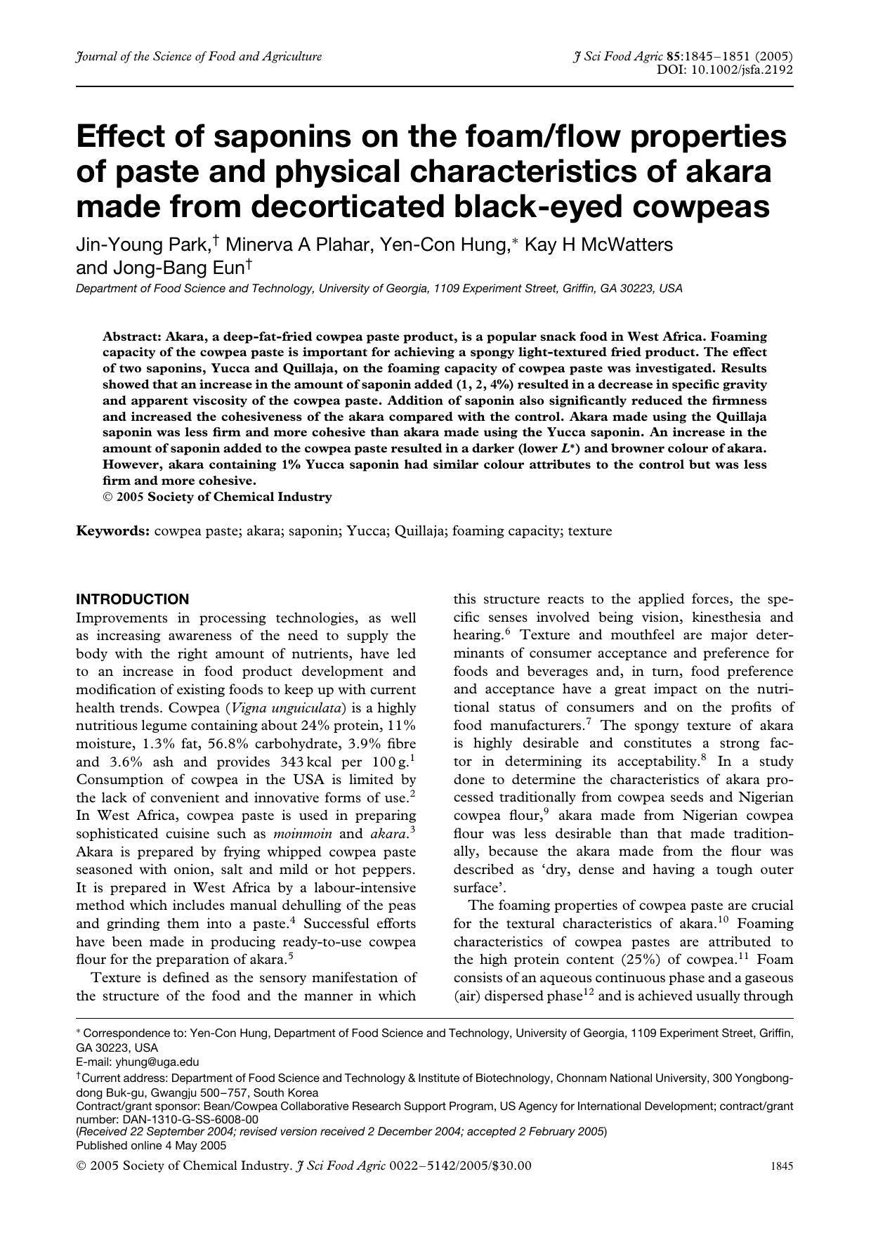 Effect of saponins on the foamflow properties of paste and physical characteristics of akara made from decorticated black-eyed cowpeas by Unknown
