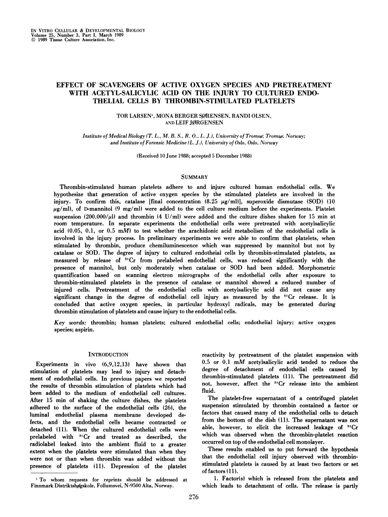 Effect of scavengers of active oxygen species and pretreatment with acetyl-salicylic acid on the injury to cultured endothelial cells by thrombin-stimulated platelets by Unknown