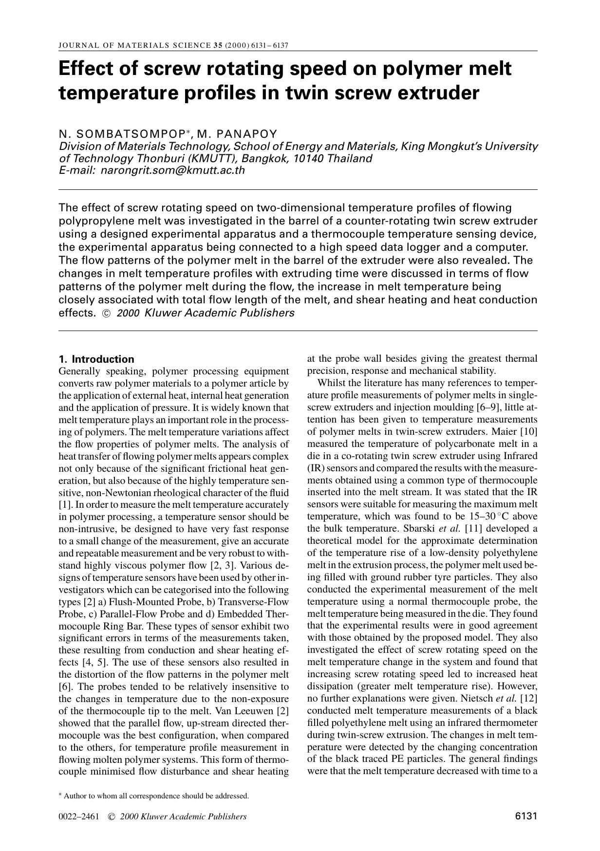 Effect of screw rotating speed on polymer melt temperature profiles in twin screw extruder by Unknown