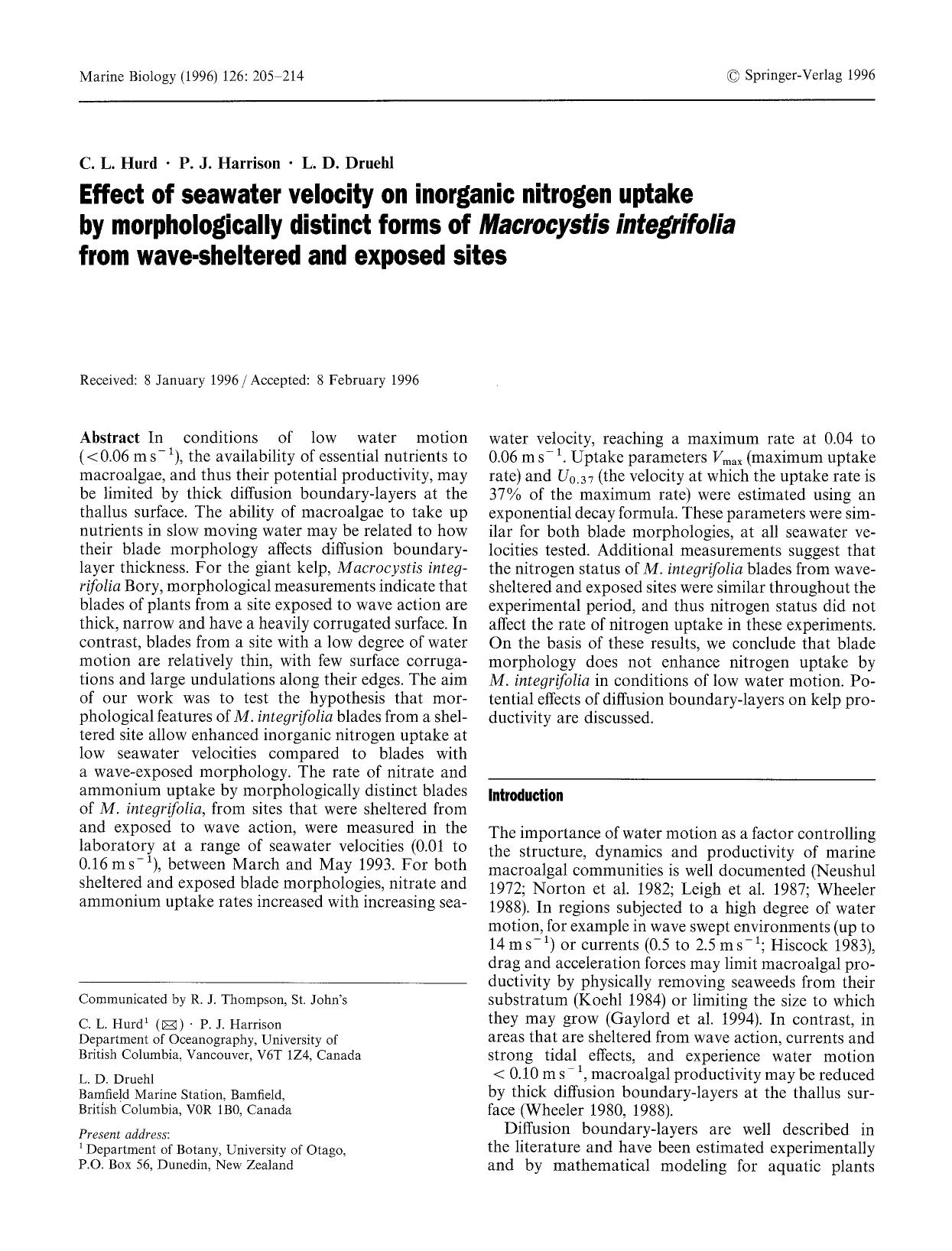 Effect of seawater velocity on inorganic nitrogen uptake by morphologically distinct forms of <Emphasis Type="Italic">Macrocystis integrifolia<Emphasis> from wave-sheltered and exposed sites by Unknown