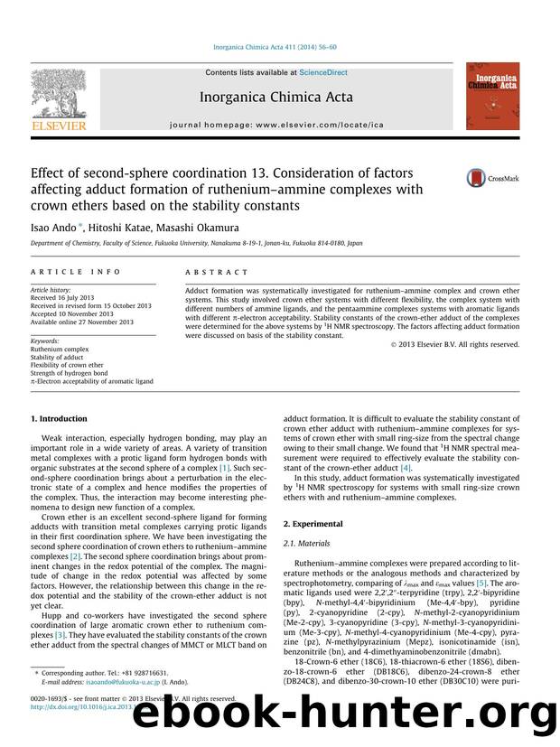 Effect of second-sphere coordination 13. Consideration of factors affecting adduct formation of rutheniumÃ¢â¬âammine complexes with crown ethers based on the stability constants by Isao Ando & Hitoshi Katae & Masashi Okamura