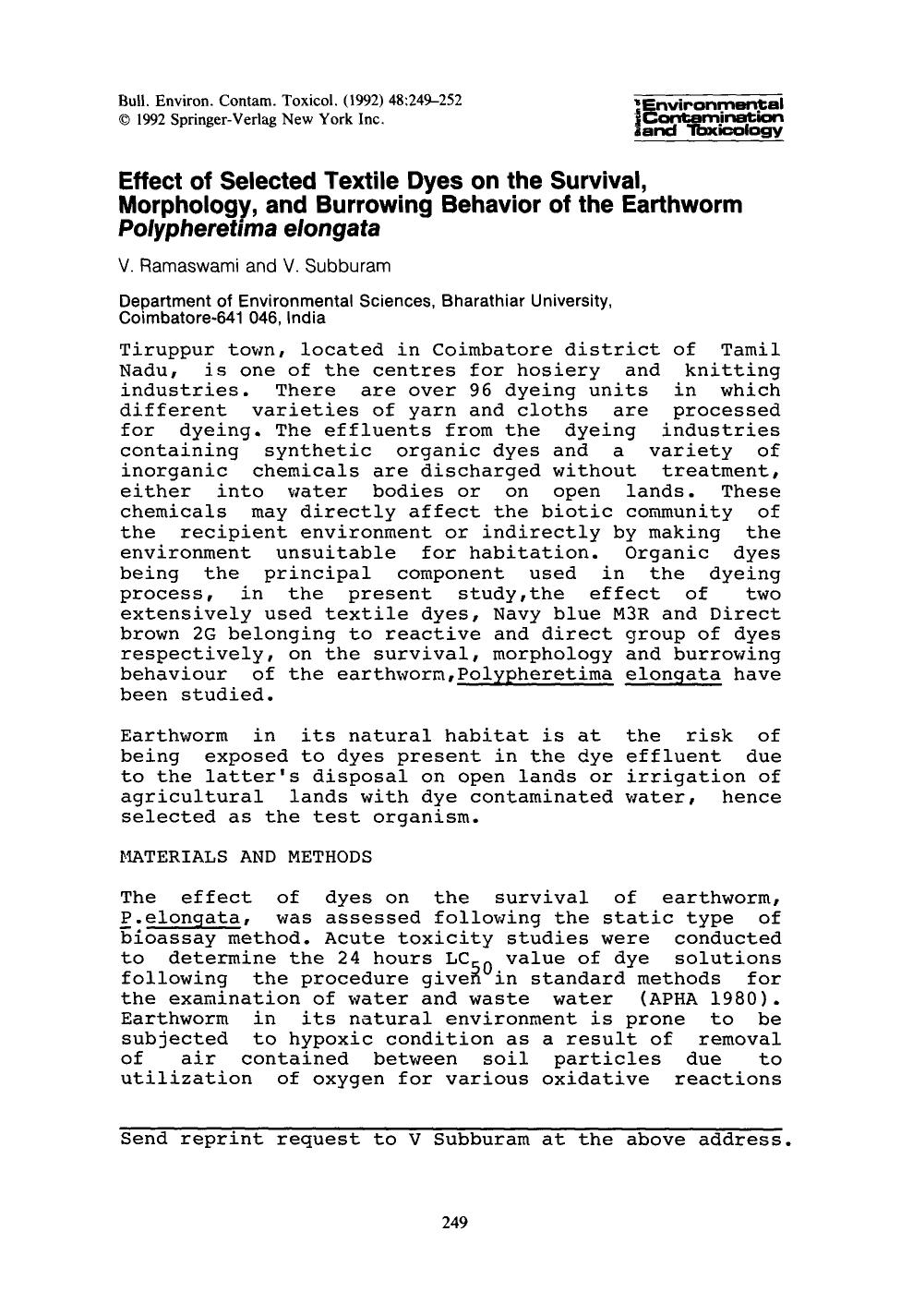 Effect of selected textile dyes on the survival, morphology, and burrowing behavior of the earthworm <Emphasis Type="Italic">Polypheretima elongata<Emphasis> by Unknown