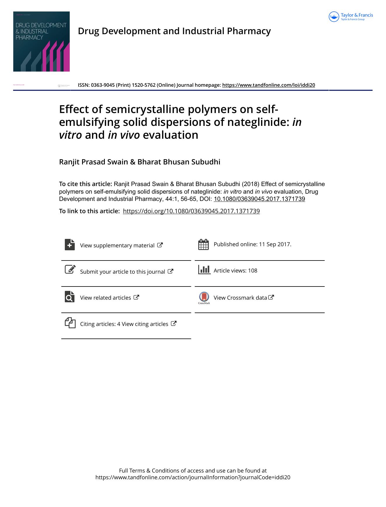 Effect of semicrystalline polymers on self-emulsifying solid dispersions of nateglinide: in vitro and in vivo evaluation by Swain Ranjit Prasad & Subudhi Bharat Bhusan