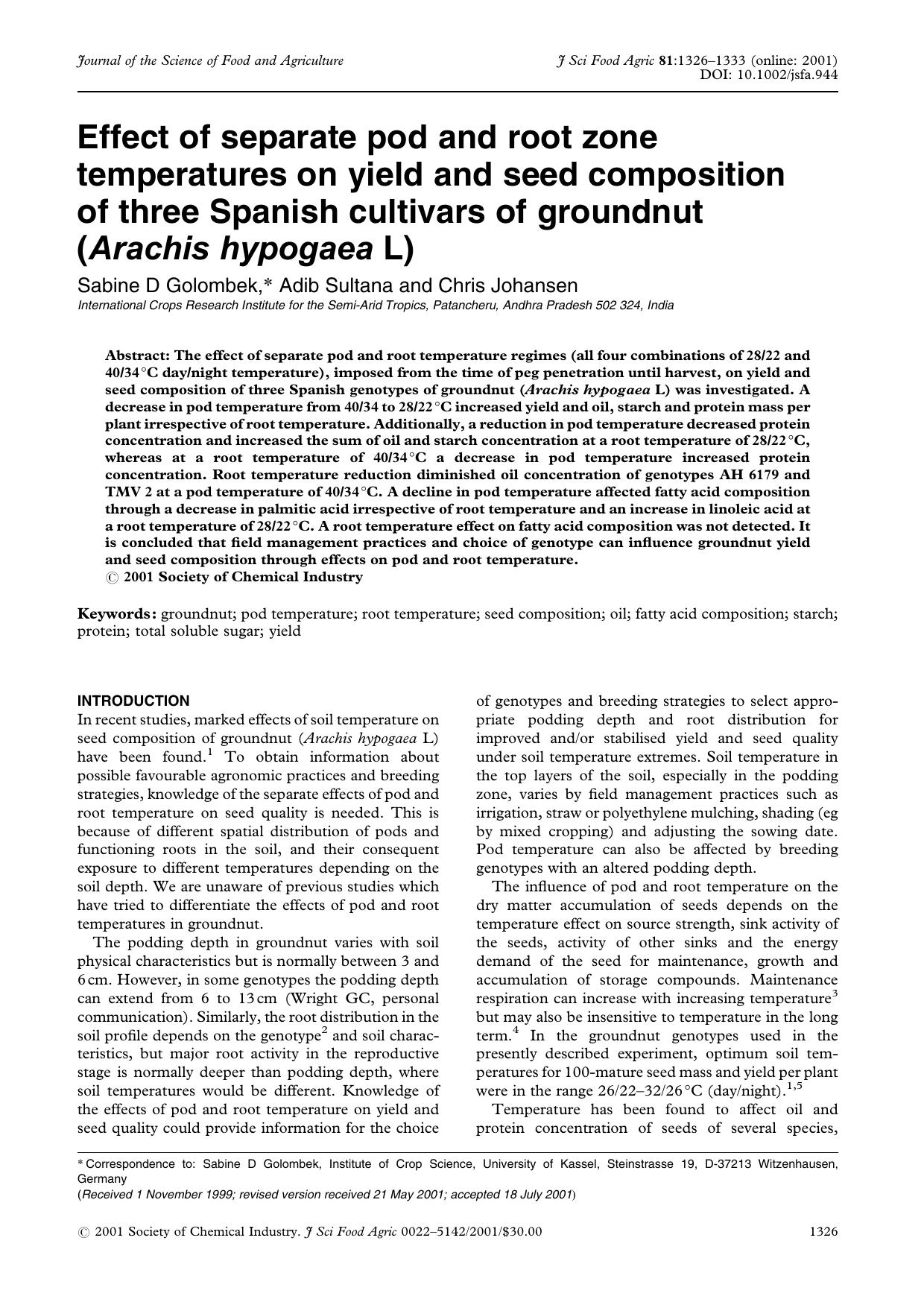 Effect of separate pod and root zone temperatures on yield and seed composition of three Spanish cultivars of groundnut (Arachis hypogaea L) by Unknown