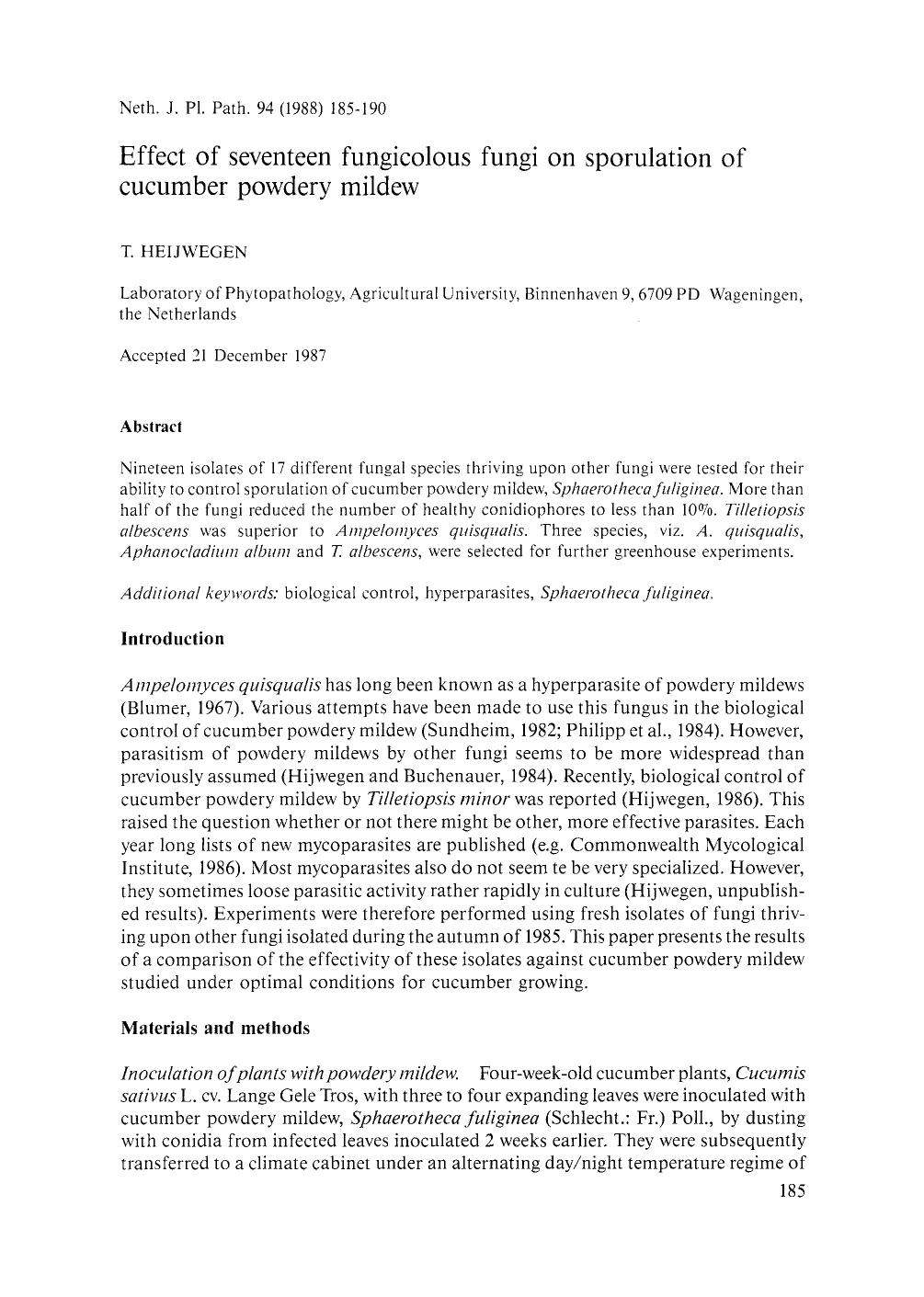 Effect of seventeen fungicolous fungi on sporulation of cucumber powdery mildew by Unknown