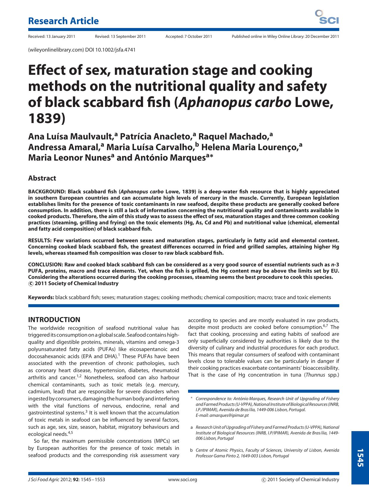 Effect of sex, maturation stage and cooking methods on the nutritional quality and safety of black scabbard fish (Aphanopus carbo Lowe, 1839) by Unknown
