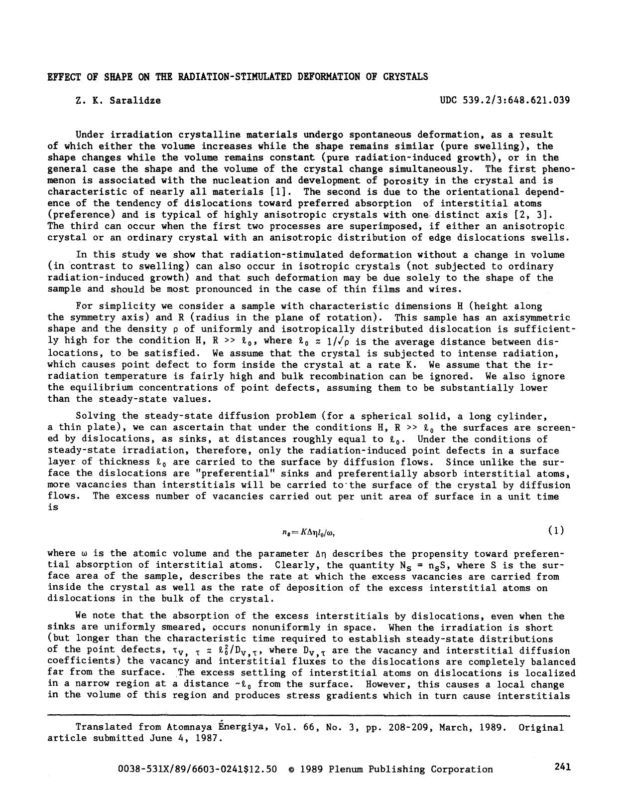 Effect of shape on the radiation-stimulated deformation of crystals by Unknown