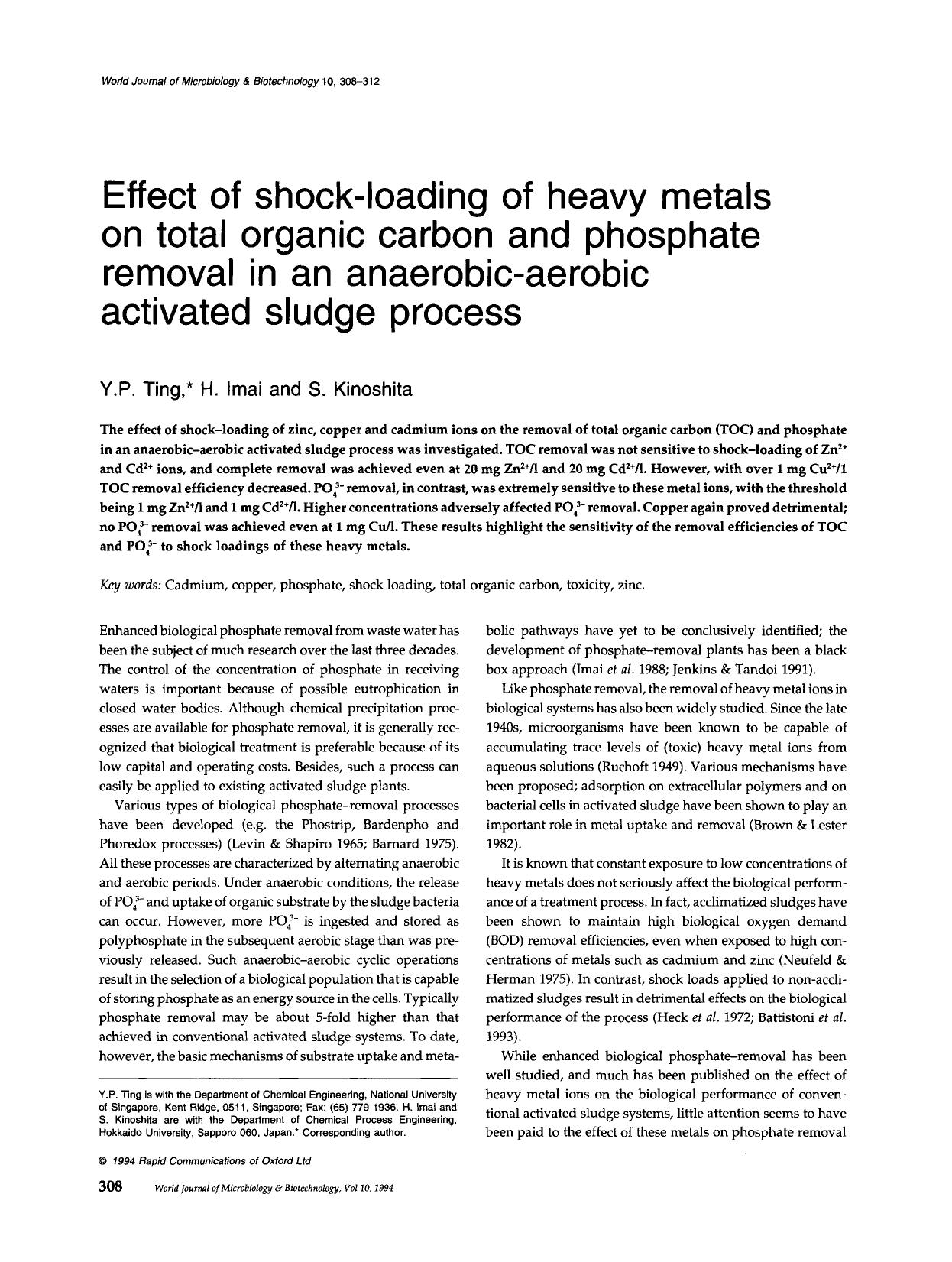 Effect of shock-loading of heavy metals on total organic carbon and phosphate removal in an anaerobic-aerobic activated sludge process by Unknown