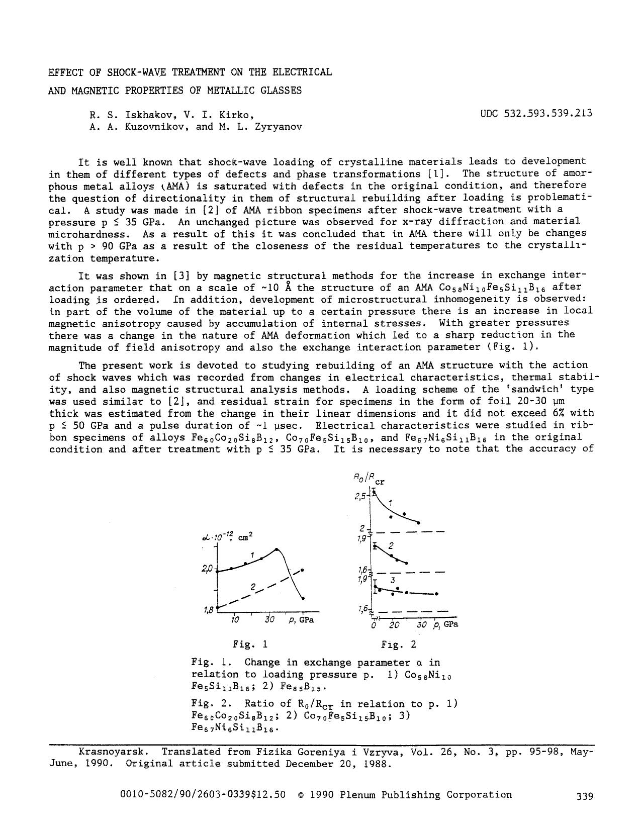 Effect of shock-wave treatment on the electrical and magnetic properties of metallic glasses by Unknown