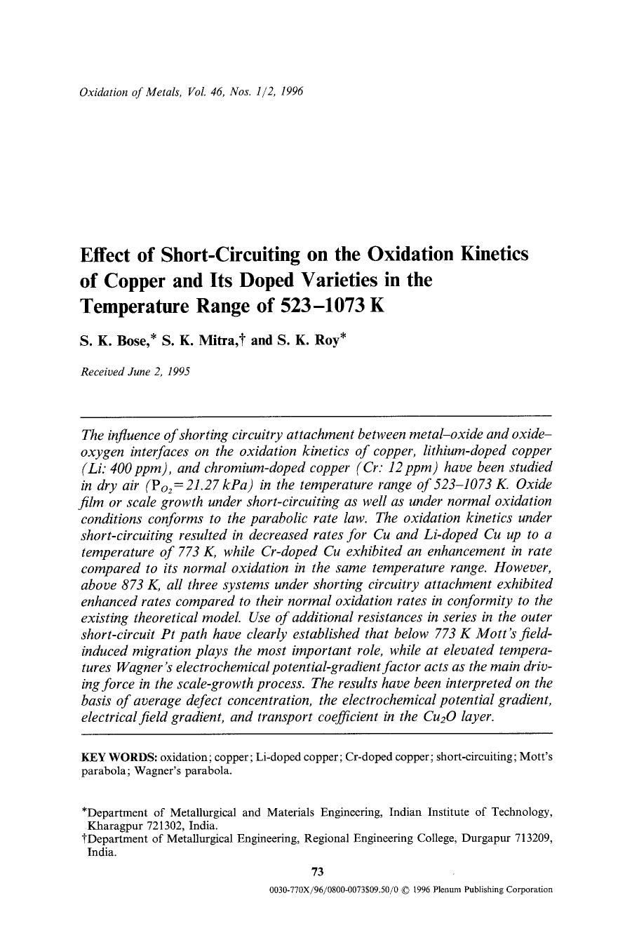 Effect of short-circuiting on the oxidation kinetics of copper and its doped varieties in the temperature range of 523–1073 K by Unknown