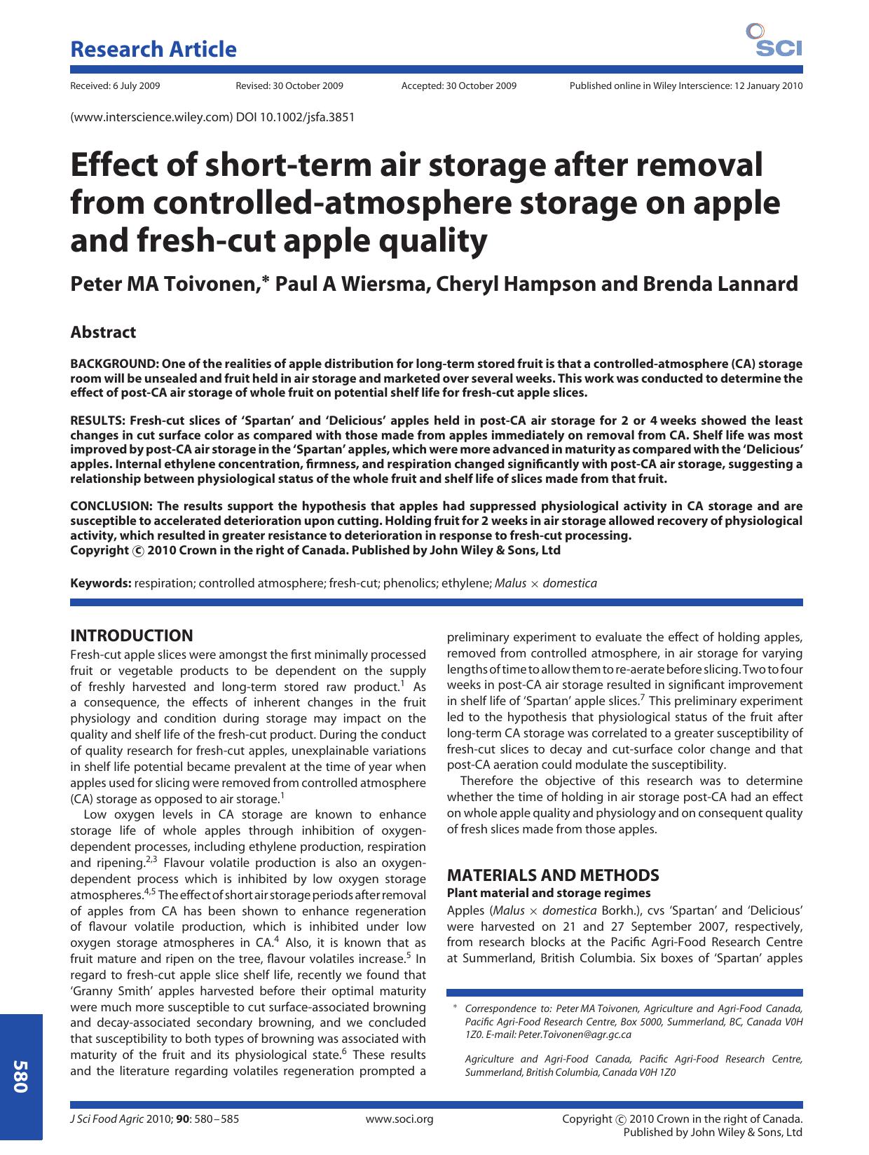 Effect of short-term air storage after removal from controlled-atmosphere storage on apple and fresh-cut apple quality by Unknown