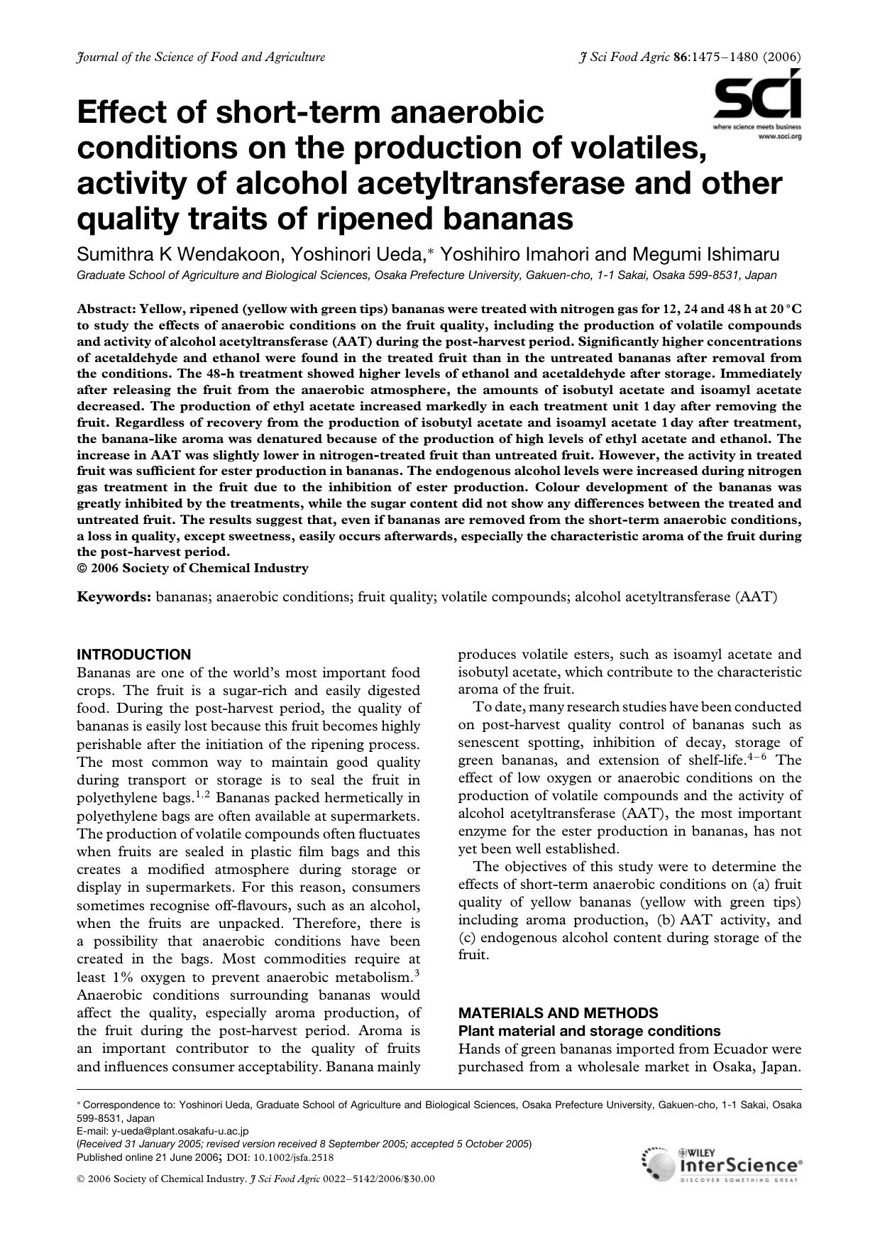 Effect of short-term anaerobic conditions on the production of volatiles, activity of alcohol acetyltransferase and other quality traits of ripened bananas by Unknown