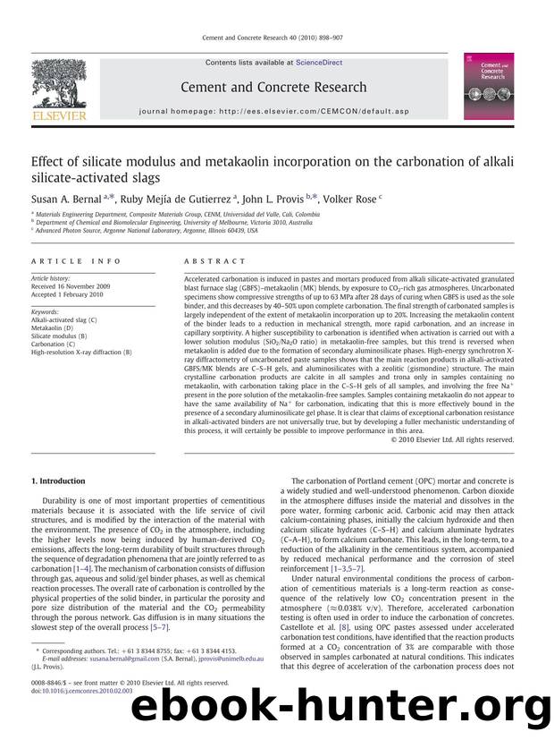 Effect of silicate modulus and metakaolin incorporation on the carbonation of alkali silicate-activated slags by Susan A. Bernal; Ruby Mejía de Gutierrez; John L. Provis; Volker Rose