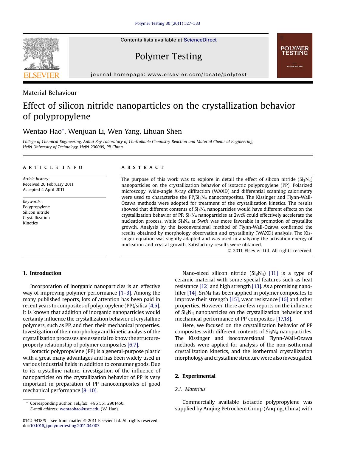 Effect of silicon nitride nanoparticles on the crystallization behavior of polypropylene by Wentao Hao & Wenjuan Li & Wen Yang & Lihuan Shen